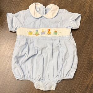 Petit Bebe Smocked Light Blue Baby Romper with Embroidered Design- birthday